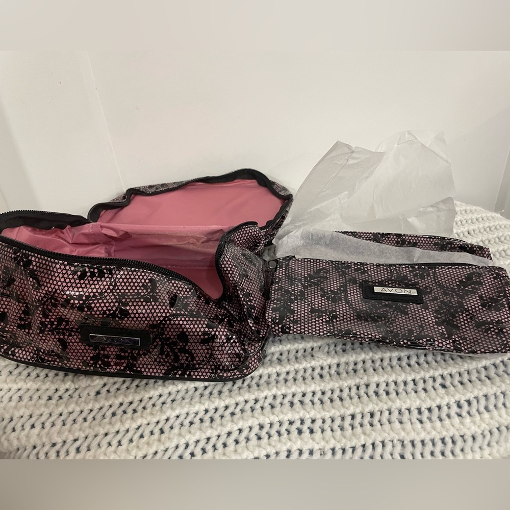 Avon NWT Makeup Bag Trio Black Floral Lace Print New Cosmetic Bags